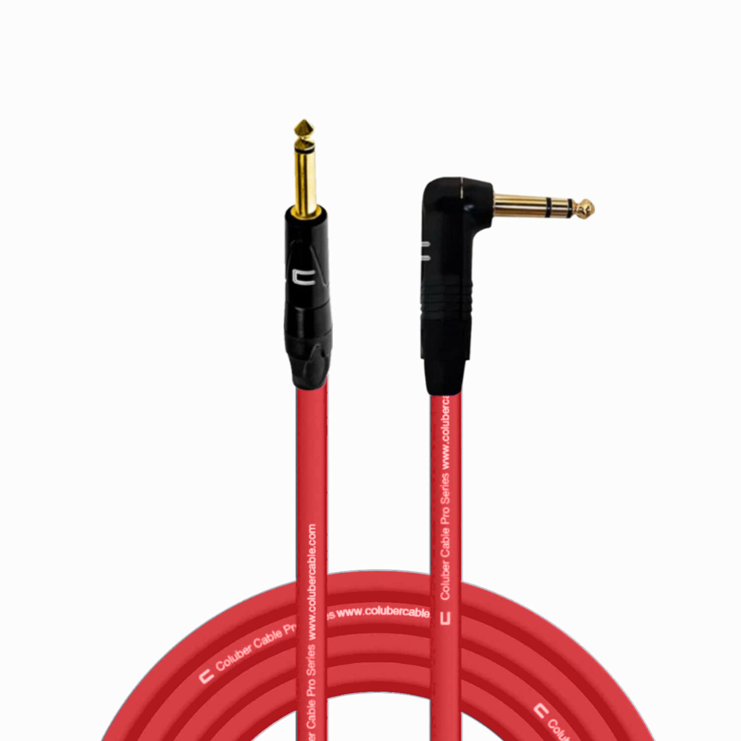 COLUBER CABLE 1/4" TS Male to Right Angle 1/4" TS - 20 Feet - Red - Pro 3-Pin Microphone Connector for Powered Speakers, Audio Interface or Mixer for Live Performance & Recording
