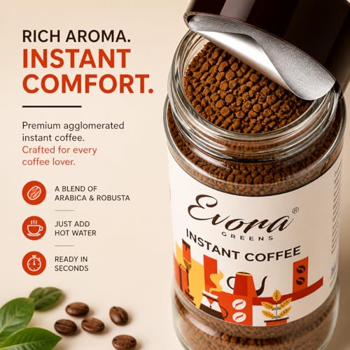 Image of Evora Greens Classic Instant Coffee | Arabica & Robusta Blend | Strong Aroma & Smooth Taste | Hot, Cold & Black Coffee | Makes ~50 Cups | 500g Glass Jar