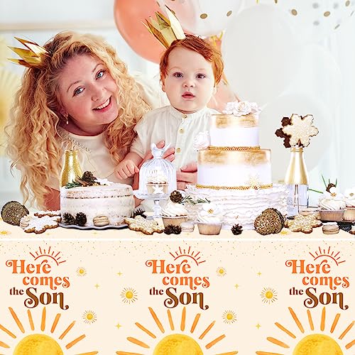 Image of CMUSKO 3Pcs Here Comes The Son Tablecloths-Boho Sun Boy 1st Birthday Party Supplies Retro Sunshine Disposable Plastic Table Covers,Here Comes The Son Baby Shower Decorations