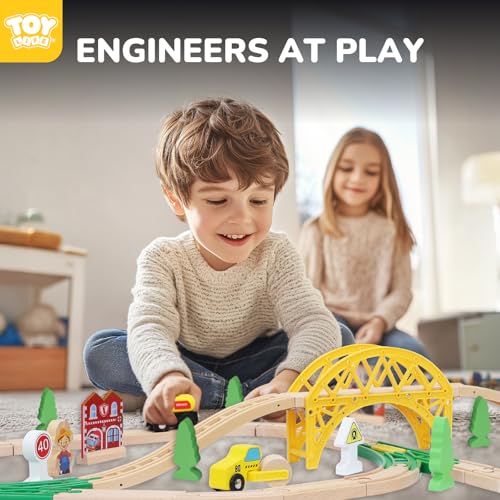 Toy Life PS01009 Train Set 60Pcs Wooden Train Set With Crane, Wooden Train Tracks Toy Train Set For Toddlers 3 4 5, Wooden Toys Train Set For Kids Girls Boys 4-8 thumb #4