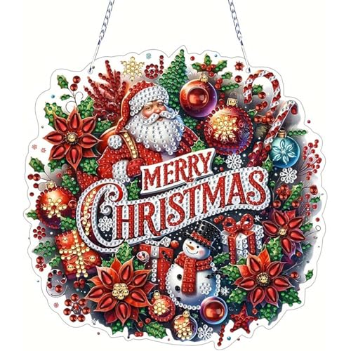 Image of HASTHIP Diamond Painting Kit Hanging Decor, Christmas Door Sign Hanging Decor, Shining Diamond Art Santa Claus Window Festive Ornament Christmas Gift 19x19cm
