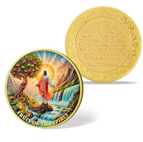 BraveBloom Fruit of The Spirit Religious Coin – Jesus Christ Christian Token with Galatians 5:22-23 Scripture – Inspirational Faith Gift with Tree, Waterfall & Spiritual Virtues