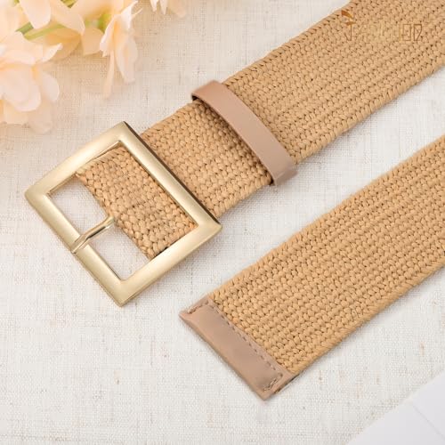 JASGOOD Straw Woven Elastic Belt for Women Wide Stretchy Rattan Waistband for Dress Boho Braided Belt with Gold Buckle4