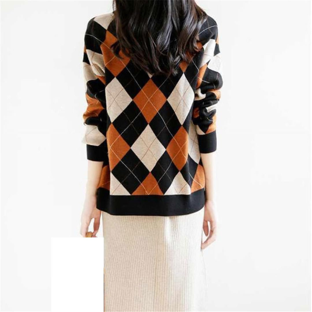Suéter de punto elegante retro con cuello redondo para mujer, manga larga, suéter cálido para otoño e invierno