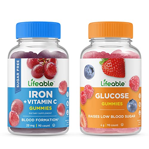 Lifeable Sugar Free Iron with C + Glucose Gummies Bundle - Great Tasting Natural Flavor Vitamin Supplement - Gluten Free Vegetarian GMO Free Chewable