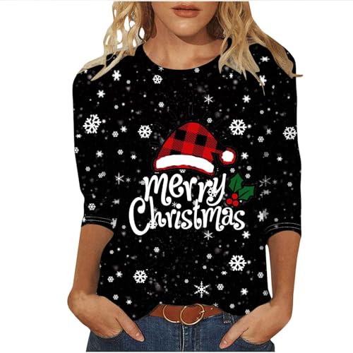 TURWXGSO Christmas T Shirts for Women UK Funny Novelty Graphic Red Wine Glass Xmas Tree Snowflake Crewneck Xmas Tops 3/4 Sleeve Tshirt Plus Size Pullover Loose Sweatshirts Casual Ladies Tops