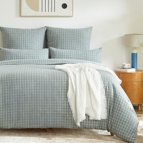 SOULFUL Housse de Couette 140x200 Coton Carreaux avec 1 Taie d'oreiller 65x65 cm, 100% Coton Lavé, Certifié Öeko-Tex, Gris-Bleu Parure de Lit 1 Personne...
