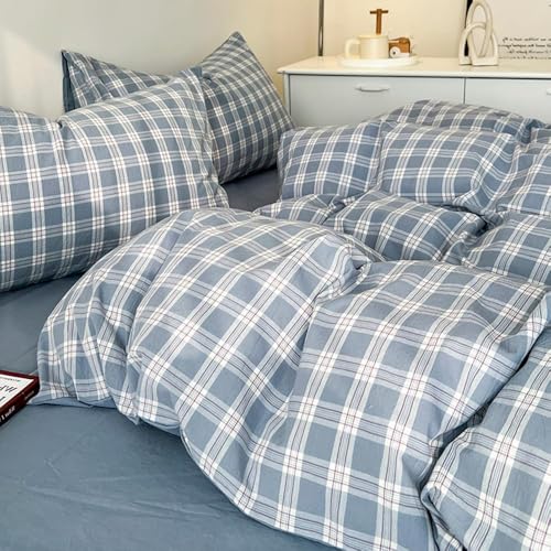Image of Plaid Duvet Cover Full Size Blue White Gingham Grid Reversible Bedding Set 3 Pcs Checkered Geometric Soft Breathable Microfiber Comforter Cover Set with Zipper Closure and 2 Pillowcases