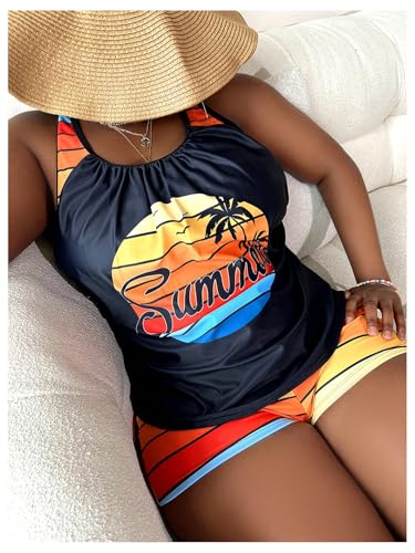 SOLY HUX Women's Plus Size Tankini Swimsuits Striped Tropical Print Two Piece Bathing Suit Top and Shorts Set3