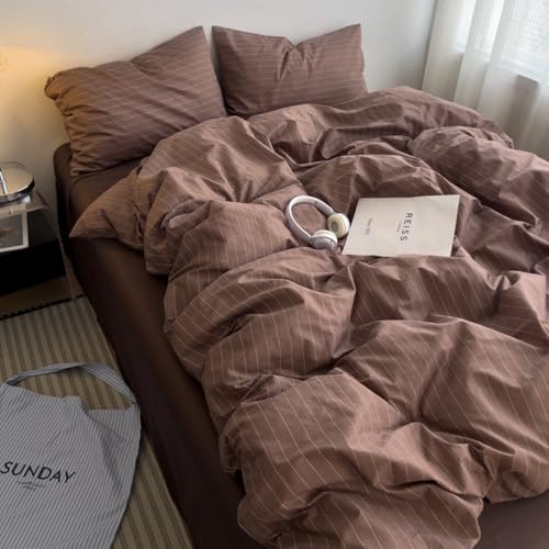 Freyamy Gestreifte Bettwäsche 135x200 Braun Weiß Gestreift Bettwäsche Set – Ansicht 2