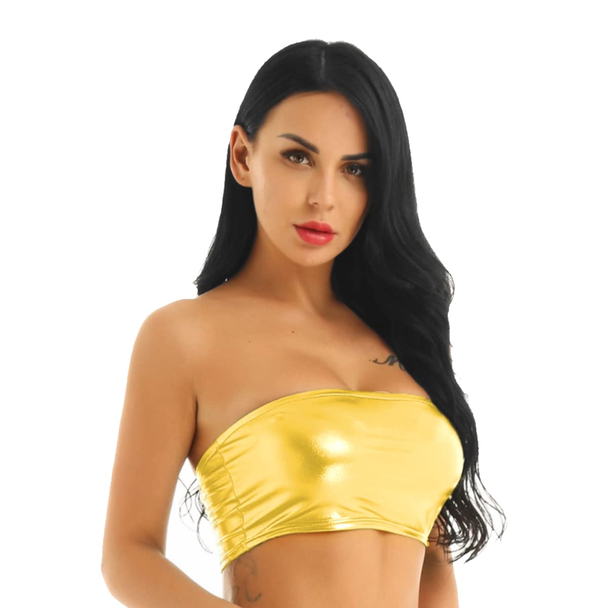Samheng Women's Golden Shiny Tube Top, Metallic Strapless Crop Tube Top Rave Bandeau Bra For Party Clubwear, Non-Padded Stretchy Causal Basic Sexy Vest Top For Dancing, Raves, Festivals, Costumes