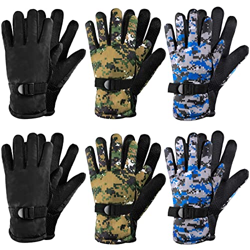 6 Pairs Kids Winter Gloves Waterproof Ski Gloves Snow Warm Full Finger Snowboard Unisex Gloves for Cold Weather Boys Girls