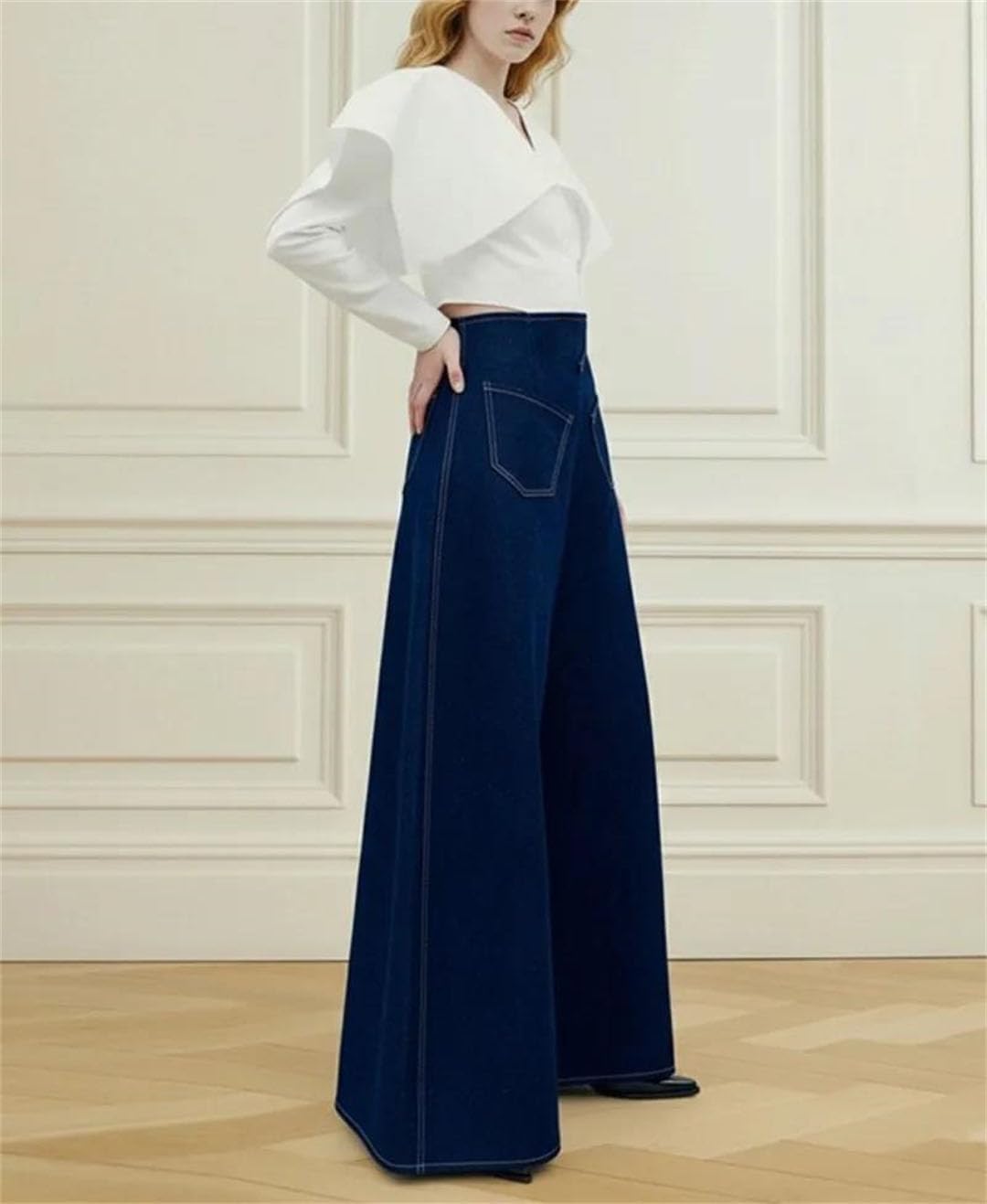 Women Blue Jeans Leather Patch Slanted Pocket Back Waist Zipper Baggy Denim Pants