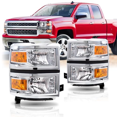 ISHARINGAUTOPARTS Headlight Assembly Compatible with 2014 Chevy Silverado 1500 2015 Chevy Silverado 1500 Halogen Headlamp OE Style, Chrome Housing Amber Corner