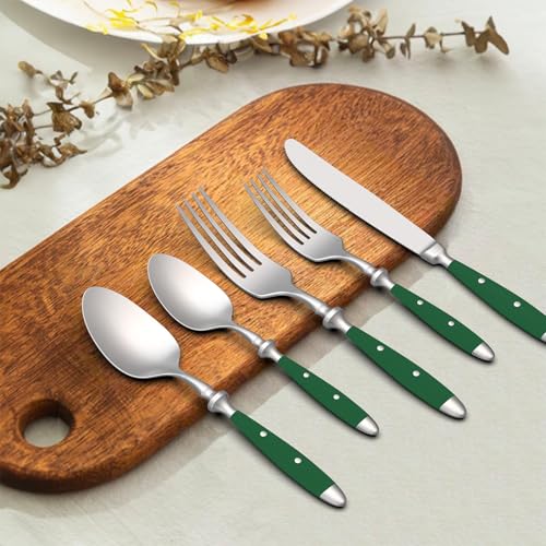 1810-Brushed-20-Piece-Silverware-Set-Stainless-Steel-Flatware-Set-with-POM-Green-Handle-Dishwasher-Safe-Service-for-4-Everyday-Utensils-Set-for-Home-Restaurant 1810 Brushed 20 Piece Silverware Set Stainless Steel Flatware Set with POM Green Handle Dishwasher Safe Service for 4 Everyday Utensils Set for Home Restaurant