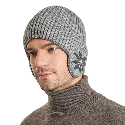 Pop Your Dream Gorro de punto de invierno con orejeras para hombres y mujeres, gorro de esquí con forro polar para exteriores con calentador de orejas, Leaf-light Grey, talla única