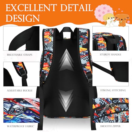 Backpack for Boys,Boy Backpacks Cartoon Prints Schoolbag for Kids Children Teens Elementary Primary Laptop School Bags, Waterproof Lightweight Toddler Bookbag Casual Daypack with Lunch Bag Set,Car3