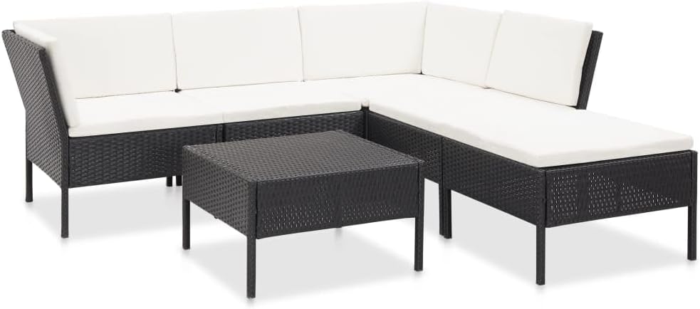 vidaXL 6 Piece Patio Lounge Set with Cushions - Modular, Poly Rattan, Black & Cream White, Easy Assembly, Weather, Comfortable Seating
