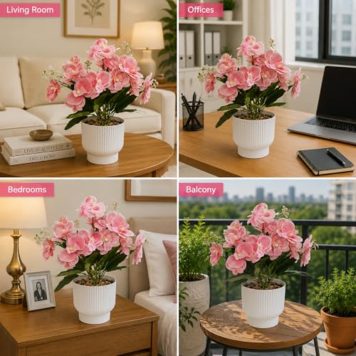 Image of CURATED CART Flower Pot with Artificial Flowers - Orchid Peach Flower with White Vase | Ideal for Home Decor | Office Decor | Gifting | Size 25 x 15cm