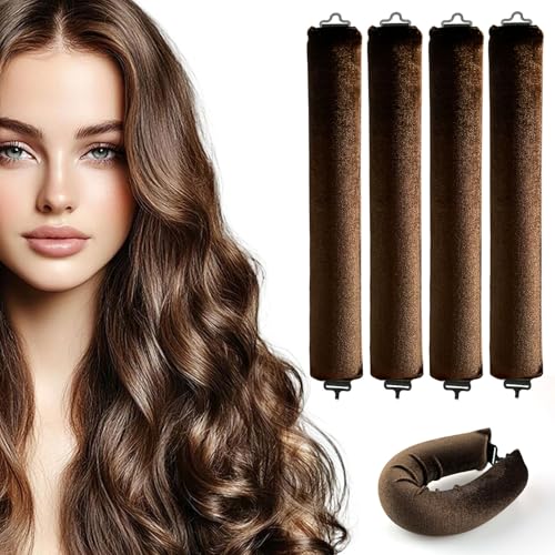 4 unidades de cinta sin calor antideslizante para rizos sin calor, color marrón Overnight Blowout durante la noche con ganchos, juego de rizadores sin calor, sin calor, para todo tipo de cabello