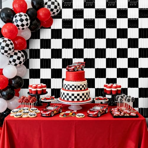 Image of 2 Packs Race Car Foil Fringe Curtain, Black White Checkered Glitter Metallic Tinsel Backdrop for Birthday, Baby Shower, Racing Car Truck One Happy Dude Party Decorations Supplies