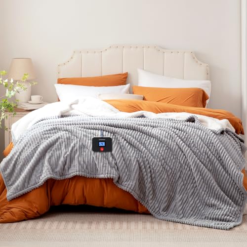 Westinghouse Full Size Heated Blanket, Soft Flannel to Sherpa Reversible, Electric Blanket Full with 10 Heating Settings & 1-12 Hours Auto Shut Off, Machine Washable, (72" x 84", Light Grey)