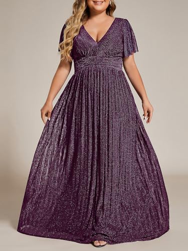 Image of Ever-Pretty Women's Plus Size Glitter Formal Dresses for Curvy Women A Line V Neck Gala Mother of Bride Dress Evening Gown
