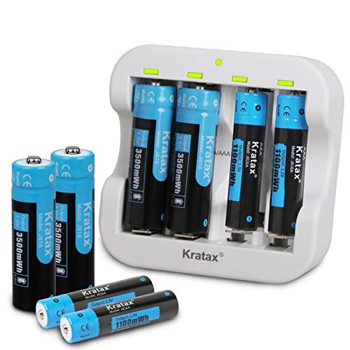 AA + AAA Rechargeable Batteries Combo Kratax 3500mWh AA Batteries and 1100mWh AAA Batteries with Charger, 1.5V Constant Voltage, 1600Cycles, for Xbox Controller, Toys, Flashlight(8 Pack with Charger)