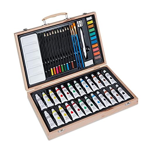 Relaxdays Maleta 45 Maletín Dibujo, Juego Pintura Artístico, Acuarelas, Lápices Color/Grafito, Pincel, Sacapuntas, Goma, Marrón, 70% Madera 20% Aluminio 10% plástico, Natural, 1 Pieza