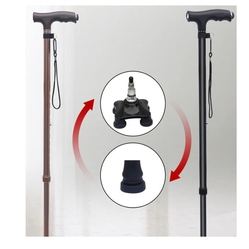 GCX- Muletas for Ancianos bastón Ligero con bastón Multifuncional de Cuatro Patas bastón Antideslizante bastón telescópico con luz Firma (Color : Nero)