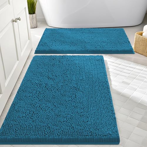 Image of Smiry Bathroom Rugs Sets 2 Piece, Soft Absorbent Chenille Machine Washable Non Slip Shaggy Bath Rug Set for Tub, Shower, and Floor (30x20+24x16, Peacock Blue)