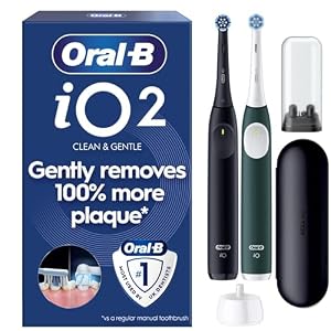 Oral-B iO2 Electric Toothbrushes, 2 Handles, Night Black & Forest Green - 2 Gentle Care Brush Heads, Travel Case, Travel Refill Holder, Toothbrush for Adults, Designed by Braun, UK Two Pin Plug