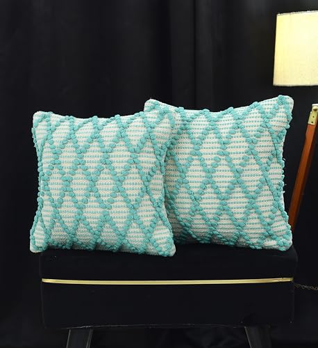 Image of TIB Premium Boho Decorative Throw Cushion Covers, 16 x 16 cm, Set of 2, Cotton. (Sky Blue Cross)-230 TC