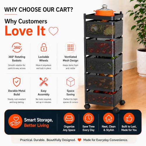 Image of Homeor 5 Layer Kitchen Trolley with Wheels | 360 Rotating Metal Storage Rack for Vegetables, Fruits, Onion & Spices | Square Multipurpose Kitchen Organizer Stand | Metal Kitchen Trolley, Matte Black