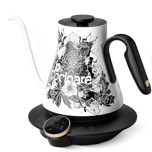 Image of Cocinare Artisan Collection Gooseneck Electric Kettle, ±0.5F Temperature Control for Pour Over Coffee & Tea, 1500W Fast Heating, Stainless Steel Interior, 0.9L, Blossom Design