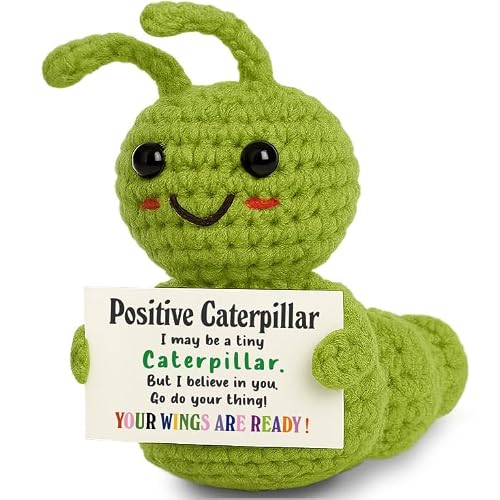 Skyists Mini Positive Christmas Caterpillar Gift – Cute Crochet Encouragement Gift for Adults, Students, Friends, Teachers Coworkers – Tiny Decor Bug with Card – Back to School, Just Because Present