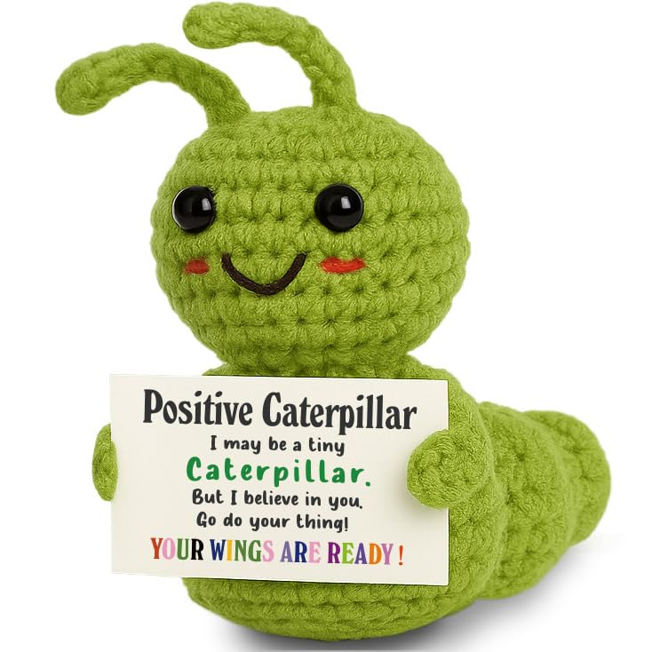 Skyists Mini Positive Christmas Caterpillar Gift – Cute Crochet Encouragement Gift for Adults, Students, Friends, Teachers Coworkers – Tiny Decor Bug with Card – Back to School, Just Because Present