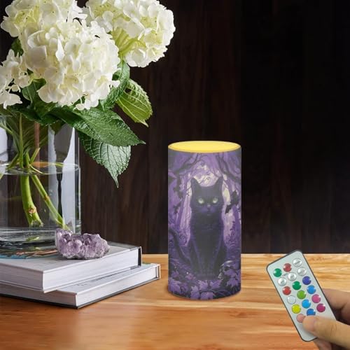 Image of Poceacles Black Cat Bat Violet Forest Flameless Light Candles Battery Operated Candles with Color Changing Timer Remote Control Tealights for Home Halloween Party Decor