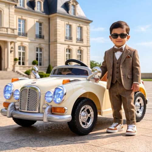 Image of Toyzone Vintage Electric Ride on Car TZ-128 (Creame) | Frequency 2.4 Ghz |Lights and Music | Seat Belt for Safety |Perfect Tyre Grip | Make in India | Indoor and Outdoor Toy