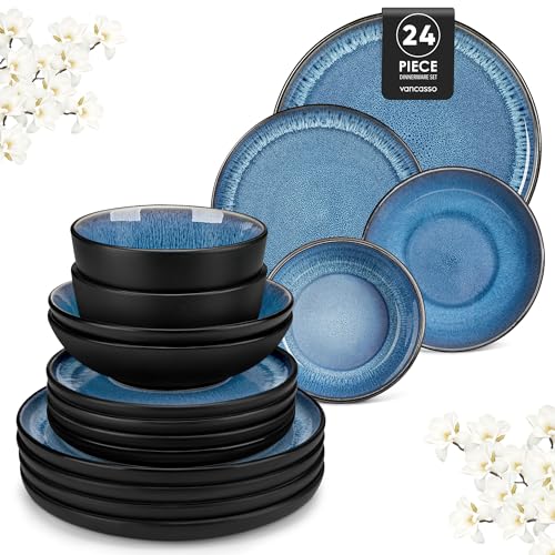 vancasso Série PLAYA Assiettes Service de Table 6 Personnes - Vaisselle 24 Pièces en Grès - 6x Assiettes Plates, à Dessert, Creuses et Bols à Céréales -...
