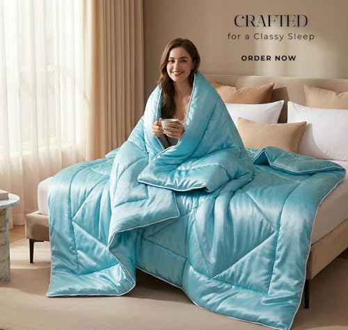 Image of SANMARINO Satin Comforter Double Bed 88x96 Inches | 300 TC Ultra Soft Silky Satin Comforter | Luxury Bedding for Bedroom, Couples, Wedding & Home Decor (Aqua Blue)