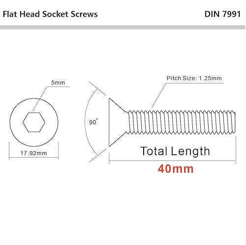 Miniatura 2 de Tornillos de cabeza plana M8 x 1.575 in, pernos avellanados, acero inoxidable 304, acabado brillante, DIN 7991, unidad de enchufe Allen, 10 unidades