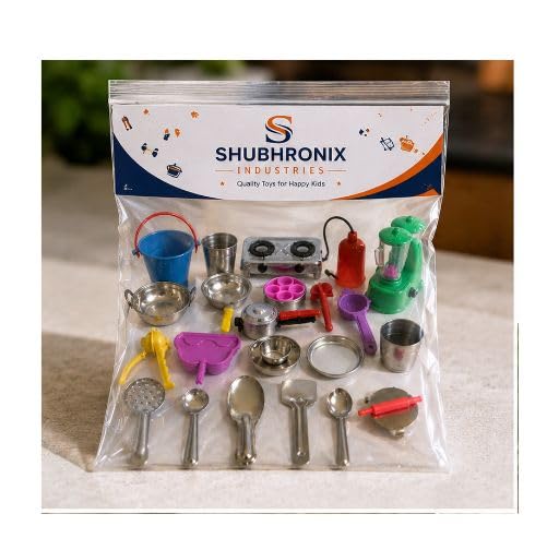 Image of Shubhronix Kids Kitchen Pretend Play Set, Stainless Steel Utensils with Gas Stove and Mixer, for Ages 3+