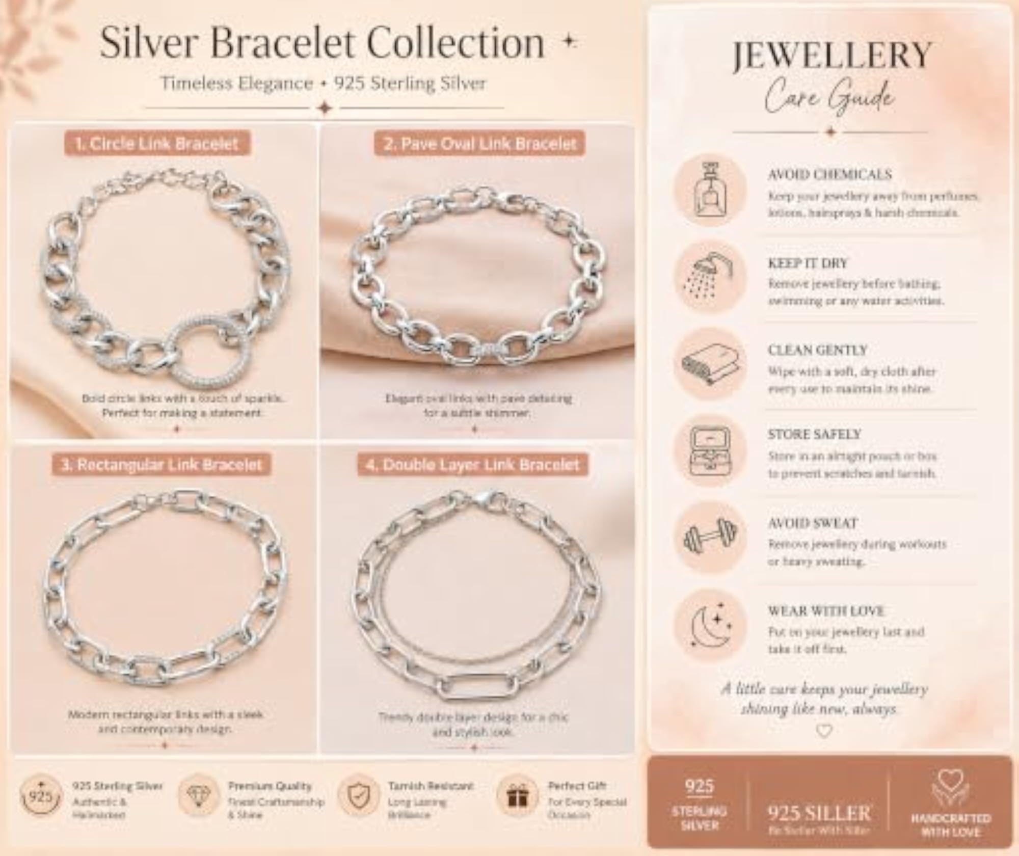 Women's 925 Pure Silver Chain Bracelet, Everyday Elegance