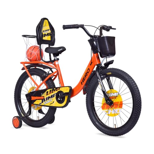 Image of Hero Jumpshot 16T Single Speed Kids Bicycle with Basket, Carrier and Integrated Basketball Kit | Orange-Black | Caliper Brake | 10.5 inch Steel Frame | Rider Height : 3ft 6 inch - 3ft 11 inch | 85% Pre Assembled