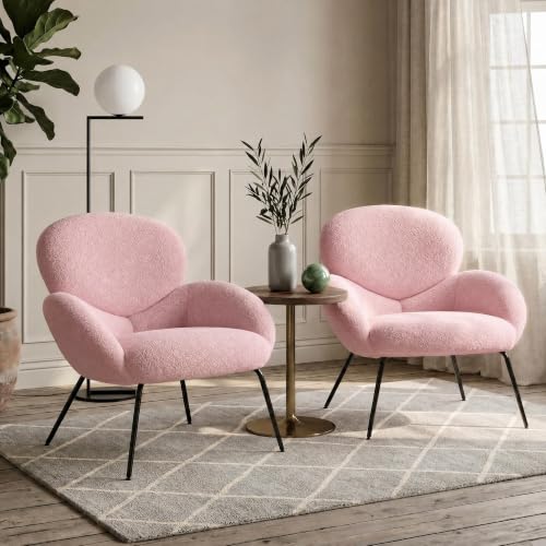 Image of Accent Chairs Set of 2 for Living Room, Boucle Fabric, Pink | Modern Accent Chair with Cloud Backrest, Soft Textured Boucle Fabric, Small Reading Chair for Sunroom, Reception Area
