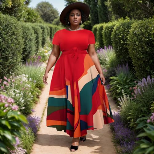 Image of Hostoyo Women Plus Size Formal A Line Maxi Dress Self Tie Waist with Pockets Elegant Round Neck Swing Long Dresses