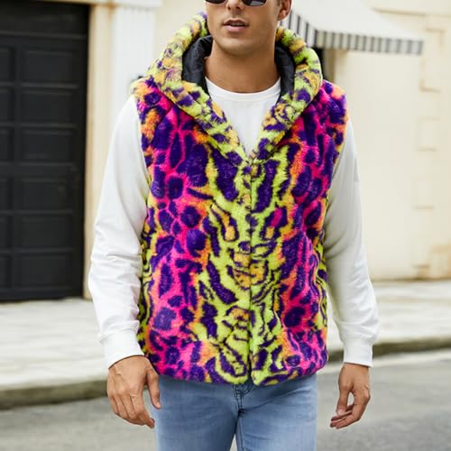 Cambkatl Men's Luxury Faux Fur Hoodie Vest - Colorful Leopard Open Front Sleeveless Thicken Winter Cardigan Jacket Coats3