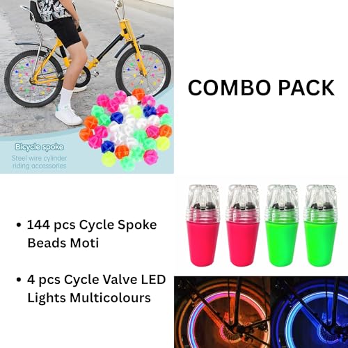 Image of Bicycle Spoke Beads & Valve Lights LED Multicolour Set for Tyre Wheel | Kids Cycle Spare Parts & Accessories | Decorative Lights & Colourful Moti for Kids Bicycles | Set of 2 Items