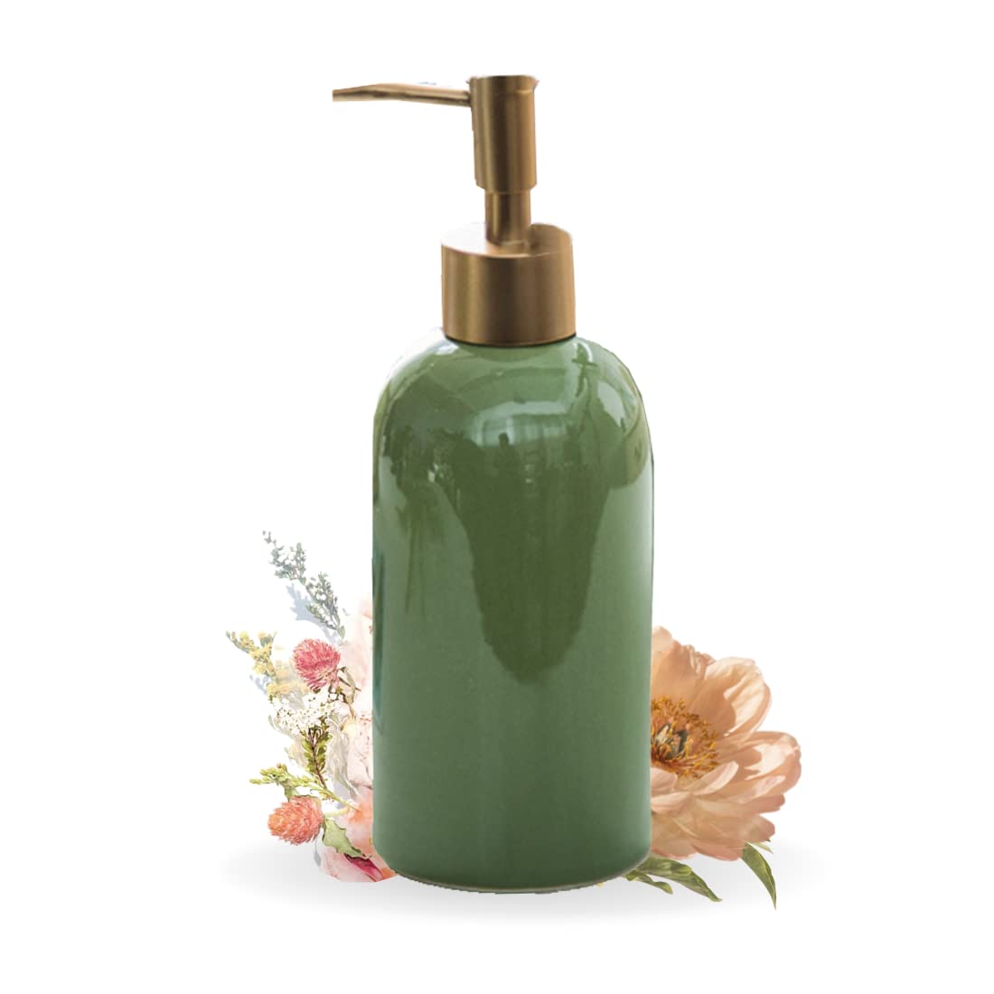 Nestasia Ceramic Liquid Soap Dispenser for Bathroom (420 ml) - Handwash Dispneser Bottle with Pump for Kitchen - Liquid Soap Dispenser for Wash Basin - Long Lasting Bathroom Accessories (Green)